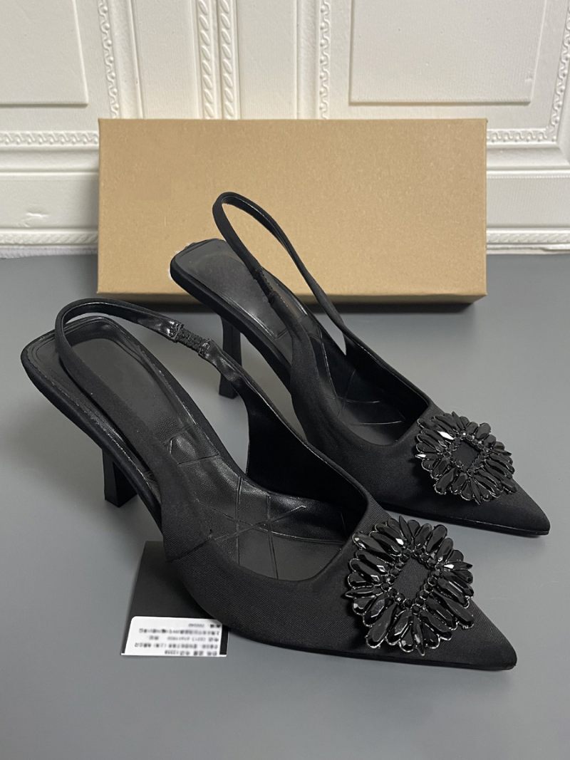 Talons Slingback Pour Femmes Strass Escarpins À Aiguilles Cuir Pu Noir - Noir