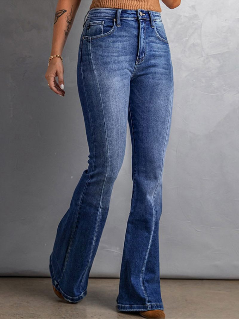 Blue Jeans Pantalon Jour Évasé Taille Haute Avec Fermeture Éclair Pour Femme