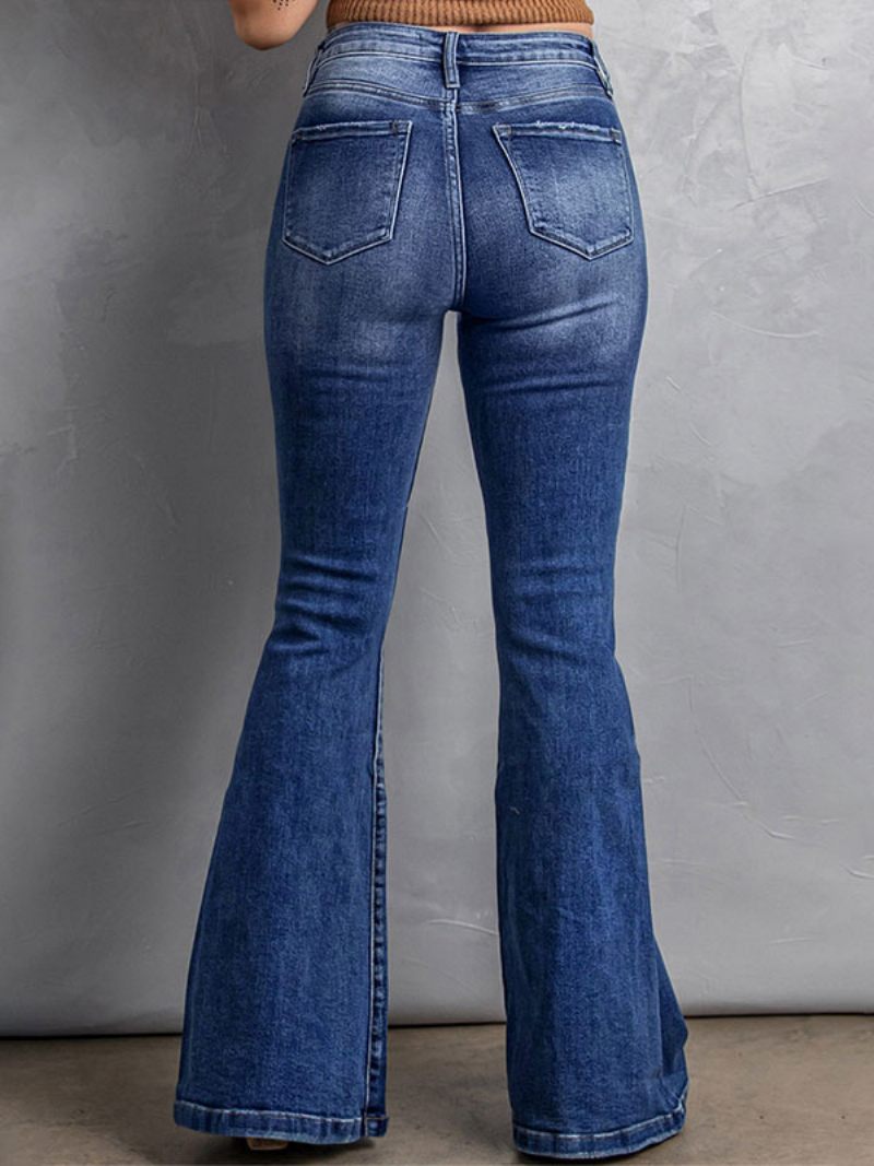 Blue Jeans Pantalon Jour Évasé Taille Haute Avec Fermeture Éclair Pour Femme - Bleu