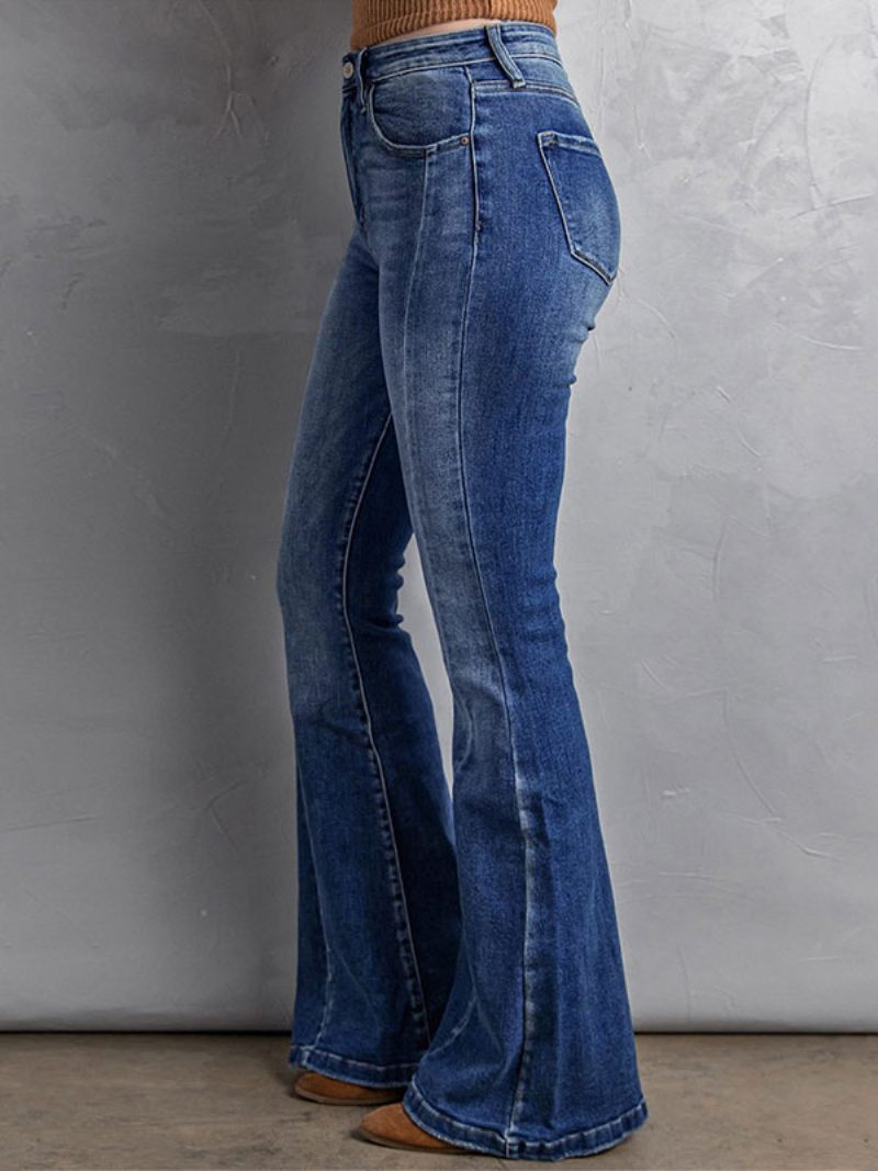 Blue Jeans Pantalon Jour Évasé Taille Haute Avec Fermeture Éclair Pour Femme - Bleu