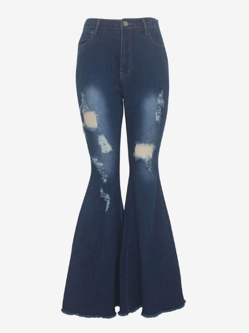 Flare Jeans Raw Edge Ripped High Rise Bell Bottoms Pour Femmes 2024 - Bleu Profond