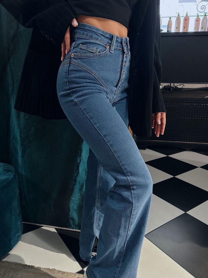 Jean Cowboy Chic Avec Boutons Pantalon Taille Haute À Jambe Droite Pour Femme - Bleu