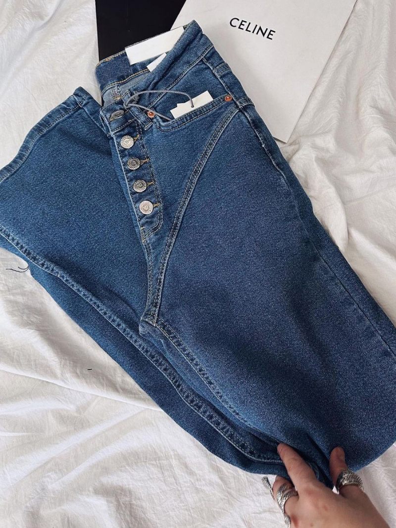 Jean Cowboy Chic Avec Boutons Pantalon Taille Haute À Jambe Droite Pour Femme - Bleu