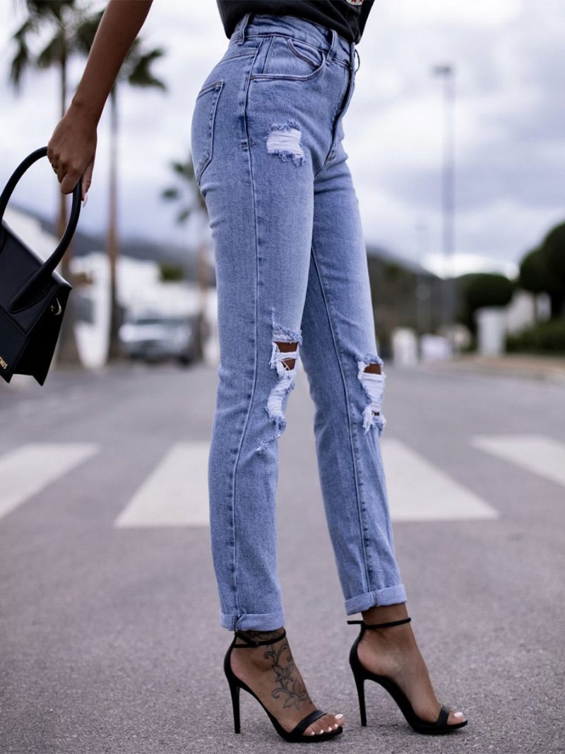 Jean Déchiré Décontracté Taille Haute Coton Pour Femmes Bas Printemps 2024 - Bleu Ciel Clair