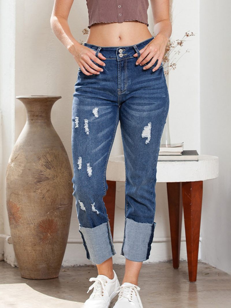 Jean Déchiré À Revers Pour Femme Pantalon Denim Taille Haute Coupe Droite Petit Ami - Bleu