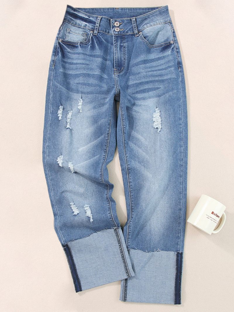 Jean Déchiré À Revers Pour Femme Pantalon Denim Taille Haute Coupe Droite Petit Ami - Bleu Ciel Clair