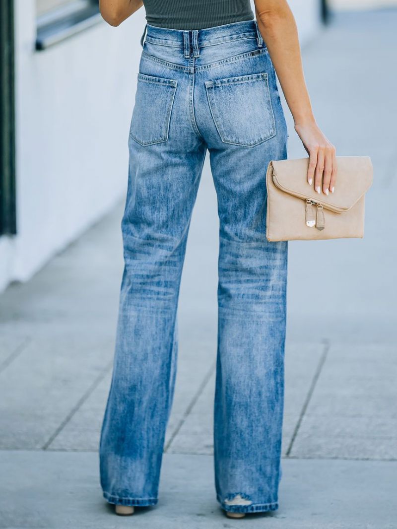 Jean Droit Pour Femmes Taille Haute Déchiré Bas Printemps 2024 - Bleu