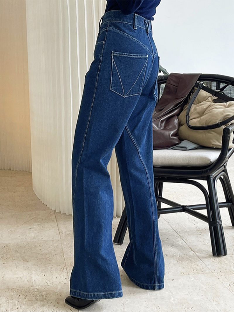 Jean Évasé Bleu Pour Femme Taille Haute Fermeture Éclair Pantalon Décontracté Irrégulier - Bleu