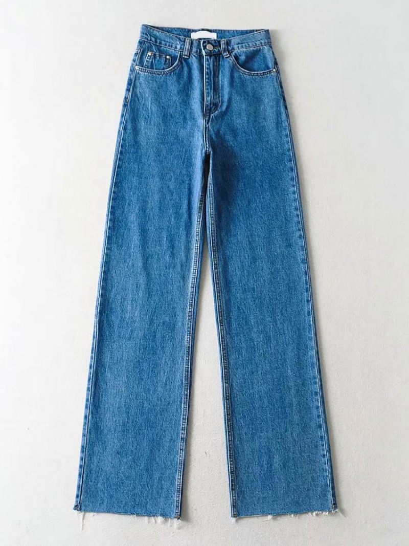 Jean Pour Femmes Décontracté Fermeture Éclair Taille Surélevée Bouton Mouche Veste Homme Pantalon Denim Droit - Bleu