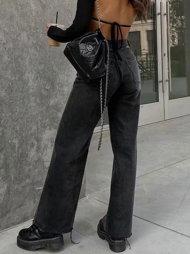 Jean Pour Femmes Décontracté Fermeture Éclair Taille Surélevée Bouton Mouche Veste Homme Pantalon Denim Droit - Noir