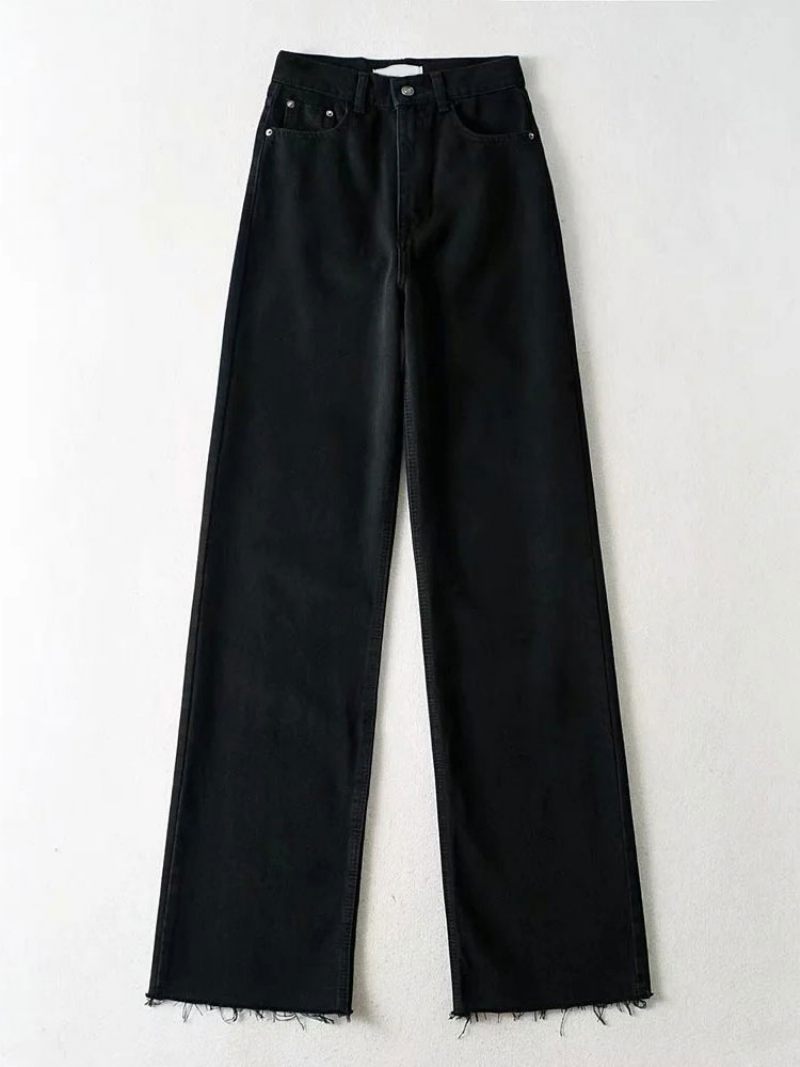 Jean Pour Femmes Décontracté Fermeture Éclair Taille Surélevée Bouton Mouche Veste Homme Pantalon Denim Droit - Noir