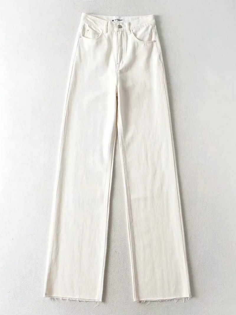 Jean Pour Femmes Décontracté Fermeture Éclair Taille Surélevée Bouton Mouche Veste Homme Pantalon Denim Droit - Blanc