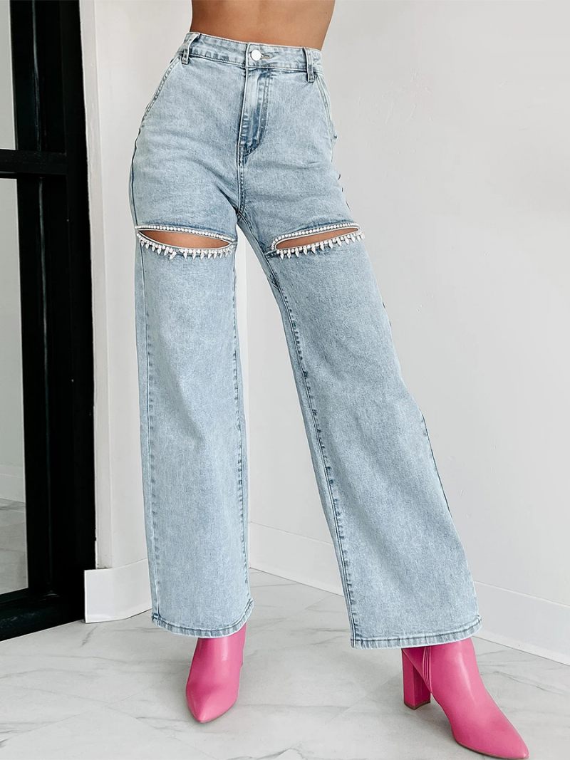 Jean À Jambes Larges Pour Femmes Pantalon Denim Taille Haute Décontracté Avec Découpe Strass