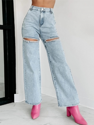 Jean À Jambes Larges Pour Femmes Pantalon Denim Taille Haute Décontracté Avec Découpe Strass