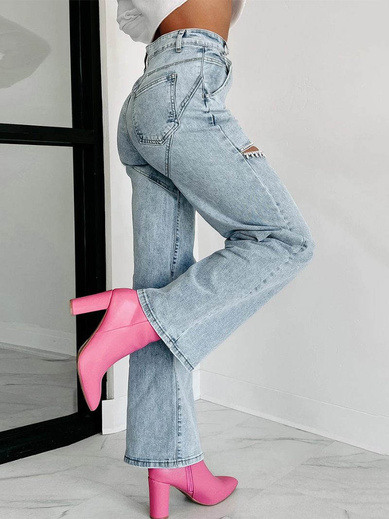 Jean À Jambes Larges Pour Femmes Pantalon Denim Taille Haute Décontracté Avec Découpe Strass - Bleu