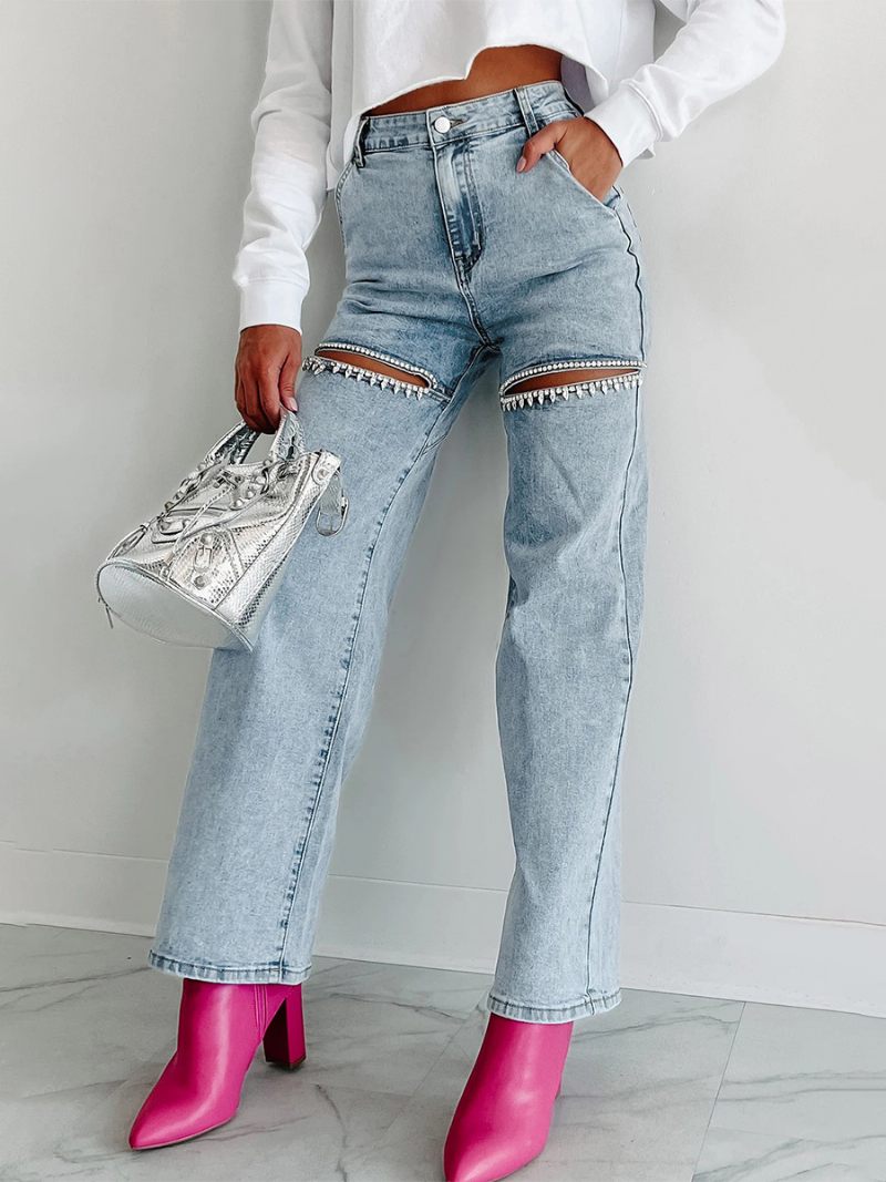 Jean À Jambes Larges Pour Femmes Pantalon Denim Taille Haute Décontracté Avec Découpe Strass - Bleu