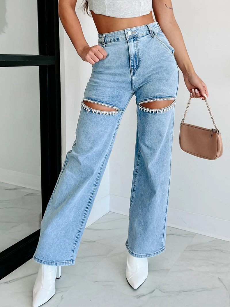 Jean À Jambes Larges Pour Femmes Pantalon Denim Taille Haute Décontracté Avec Découpe Strass - Bleu