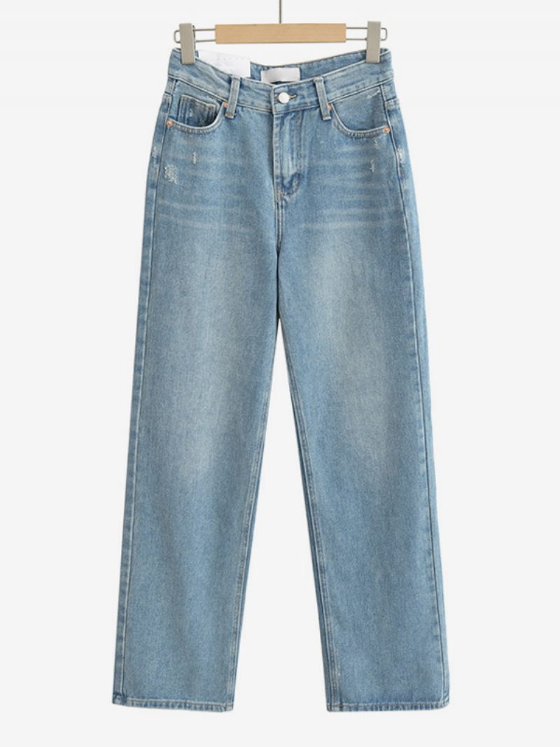 Jean À Jambes Larges Pour Femmes Taille Haute Fermeture Éclair Pantalon Simple Tous Les Jours - Bleu