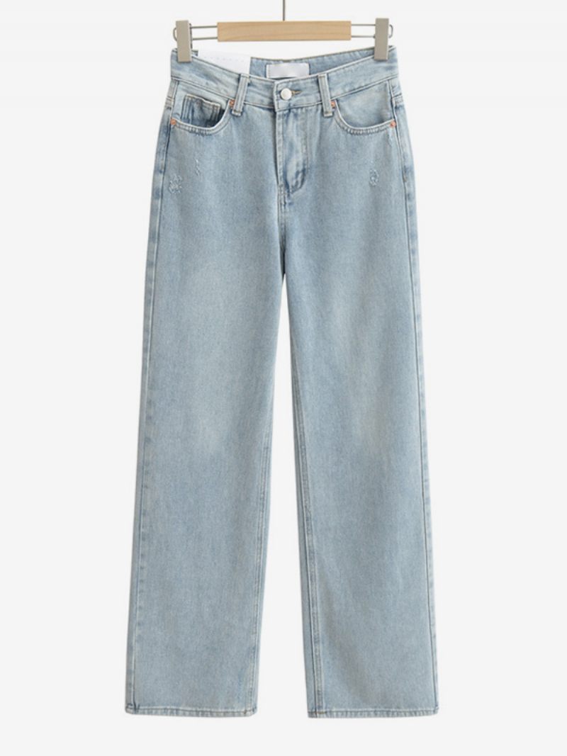 Jean À Jambes Larges Pour Femmes Taille Haute Fermeture Éclair Pantalon Simple Tous Les Jours - Bleu Ciel Clair