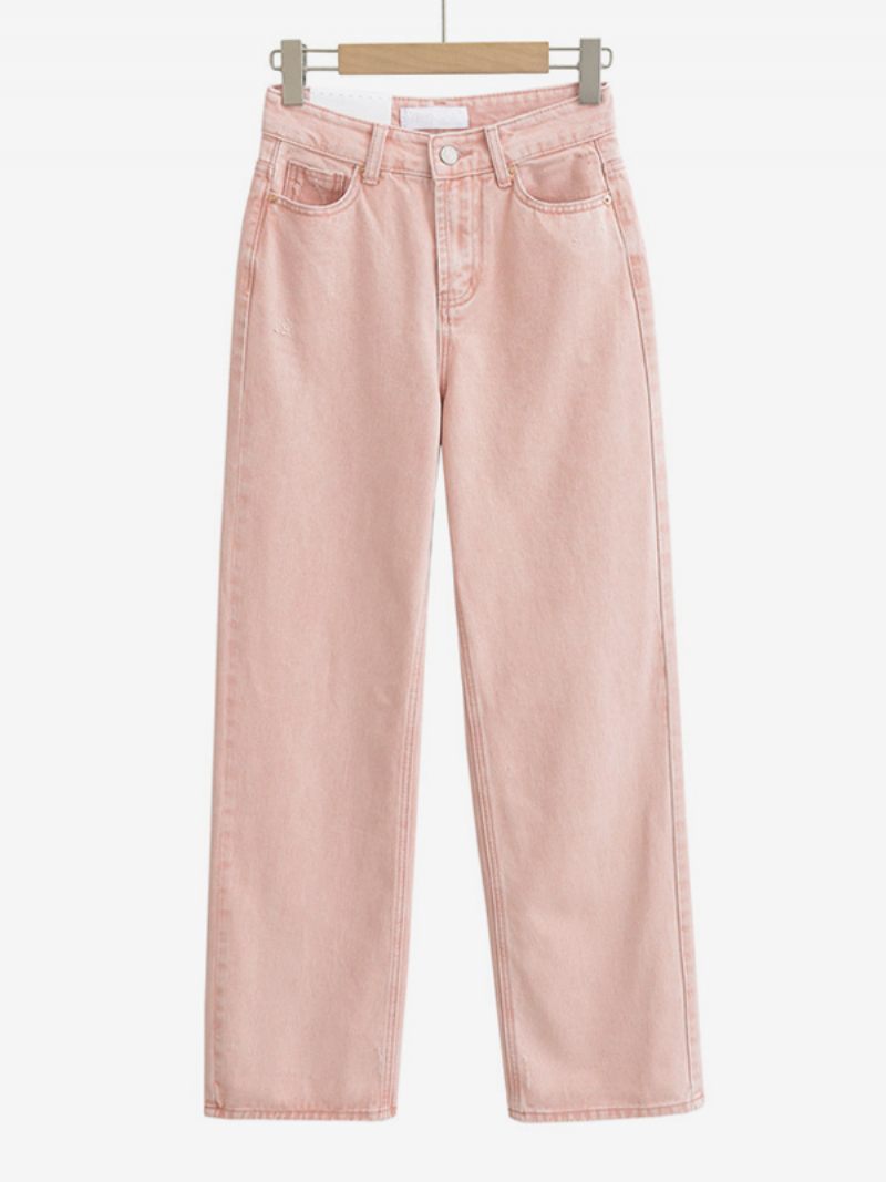 Jean À Jambes Larges Pour Femmes Taille Haute Fermeture Éclair Pantalon Simple Tous Les Jours - Rose