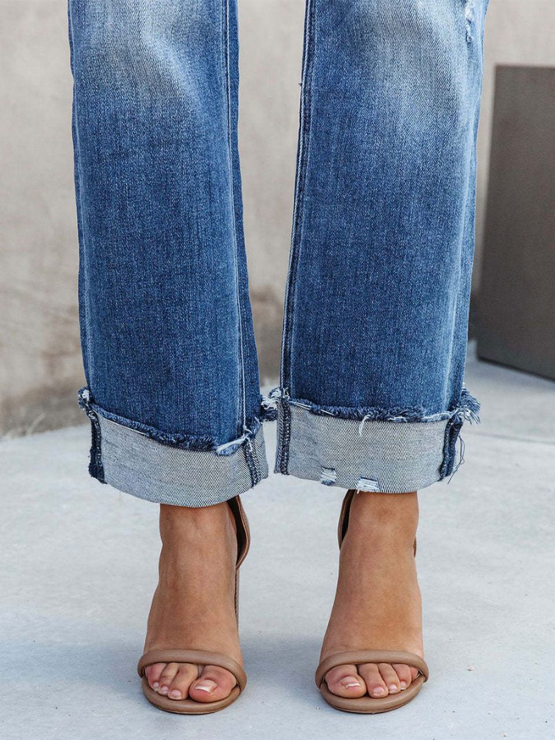 Jean À Jambes Larges Taille Haute Fermeture Éclair Bas Asymétrique Pour Femmes - Bleu