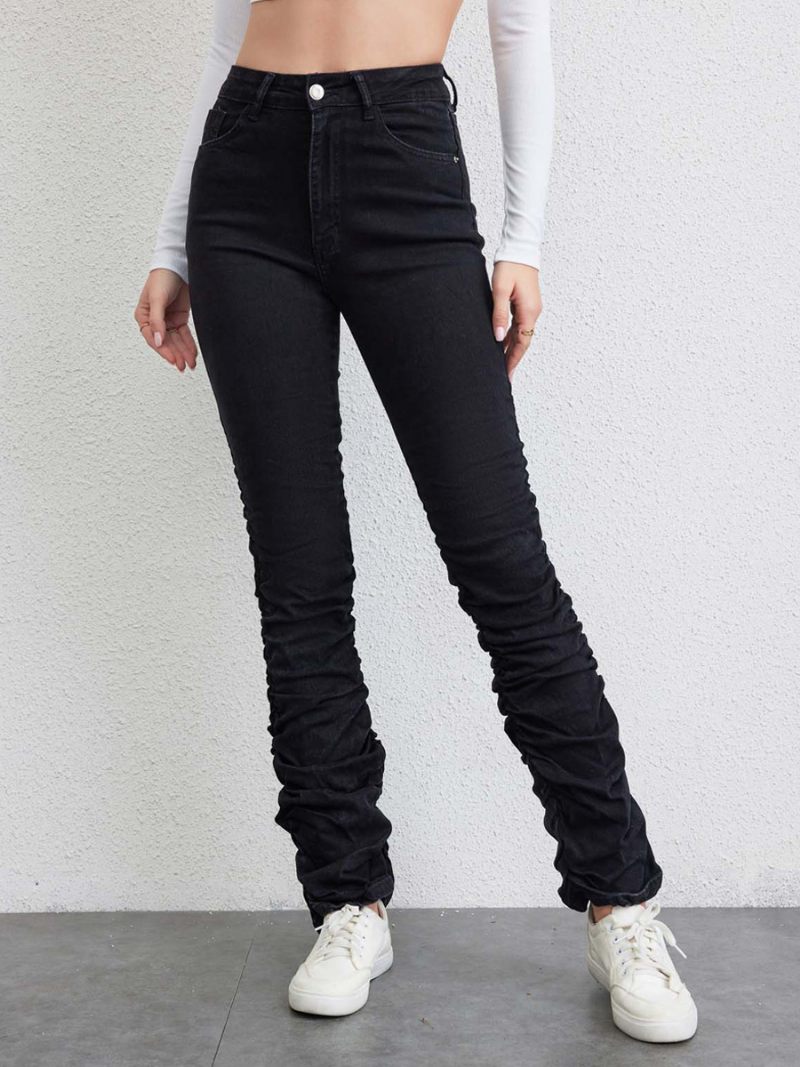 Jean Plissé Femme Taille Haute Braguette Zippée Pantalon Droit