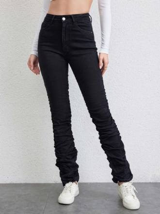 Jean Plissé Femme Taille Haute Braguette Zippée Pantalon Droit