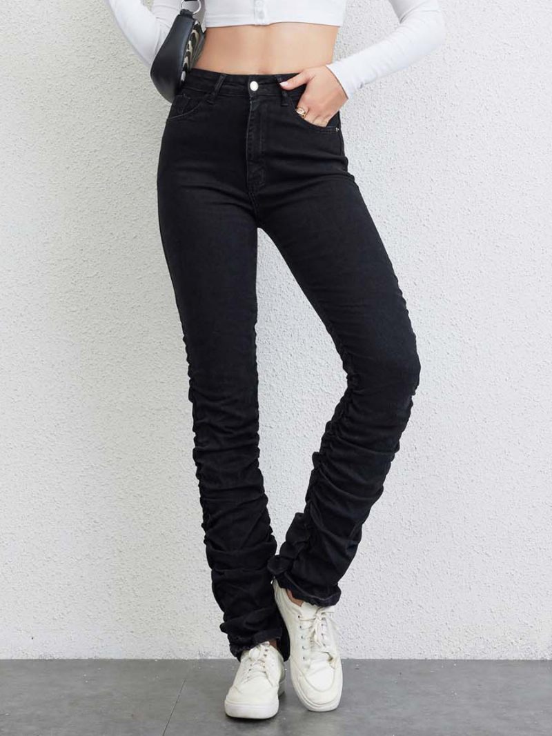 Jean Plissé Femme Taille Haute Braguette Zippée Pantalon Droit - Noir