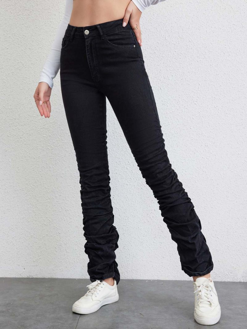 Jean Plissé Femme Taille Haute Braguette Zippée Pantalon Droit - Noir