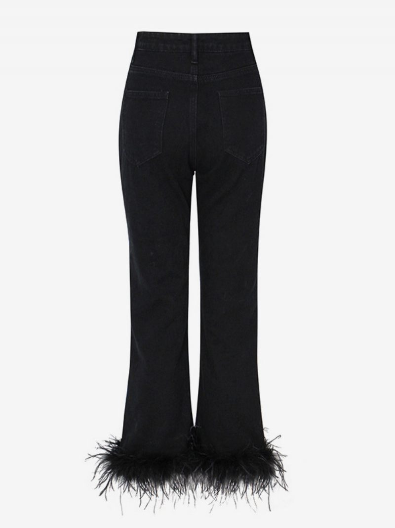 Jean Skinny Pour Femme Pantalon Taille Haute Avec Fermeture Éclair Et Plumes - Noir