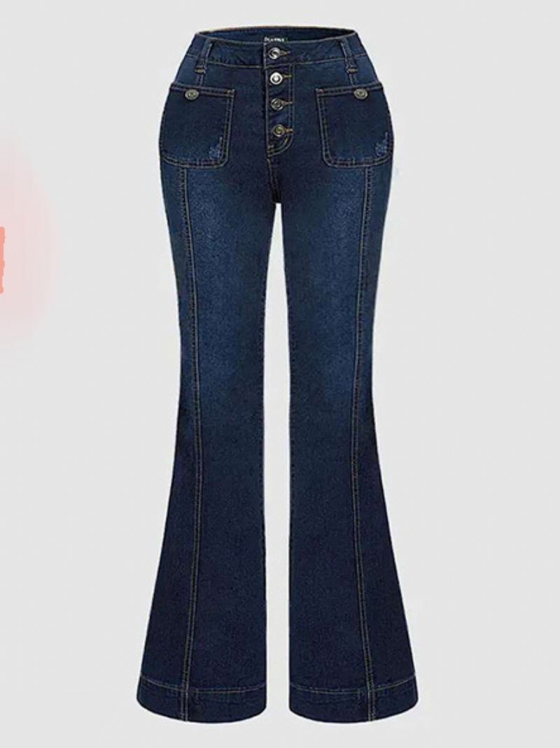 Jean Taille Haute Pour Femmes Boutons Jambe Évasée Bas Charmant - Bleu Profond