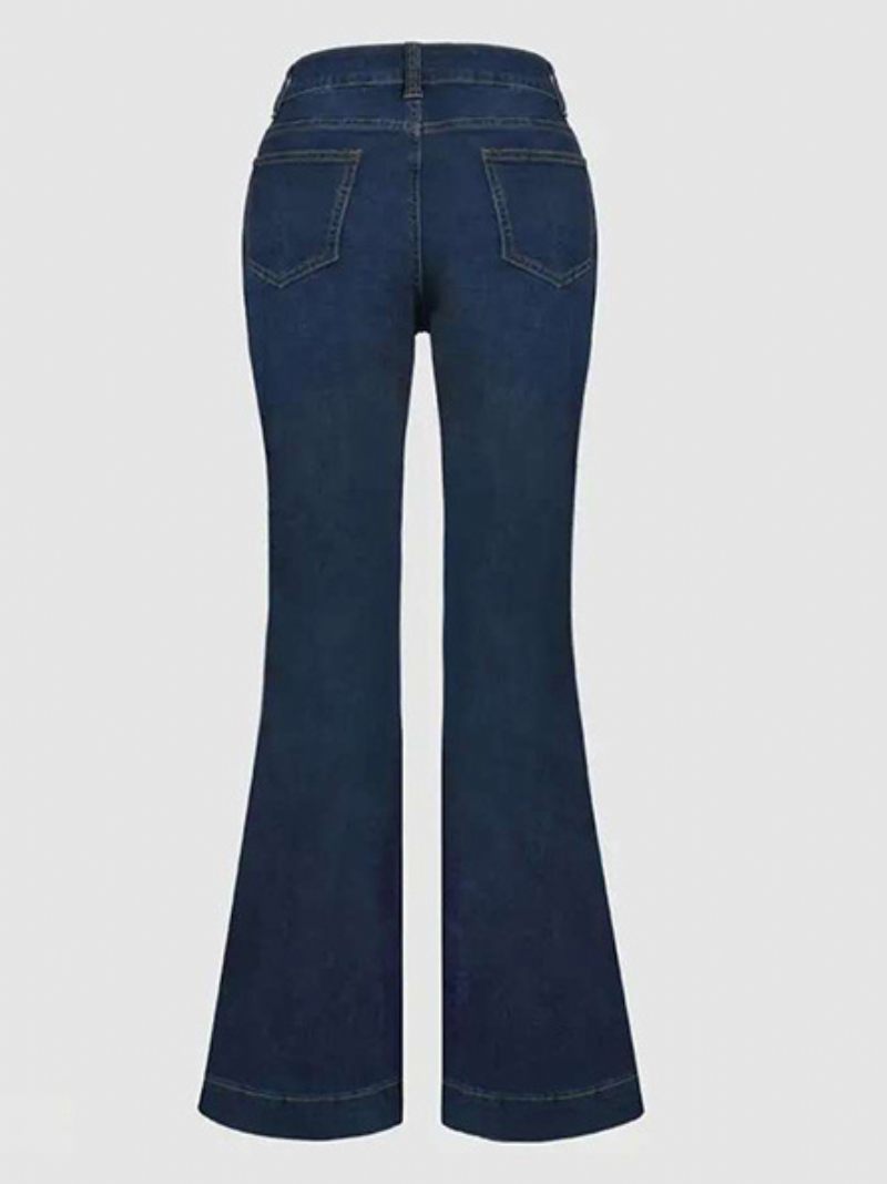 Jean Taille Haute Pour Femmes Boutons Jambe Évasée Bas Charmant - Bleu Profond