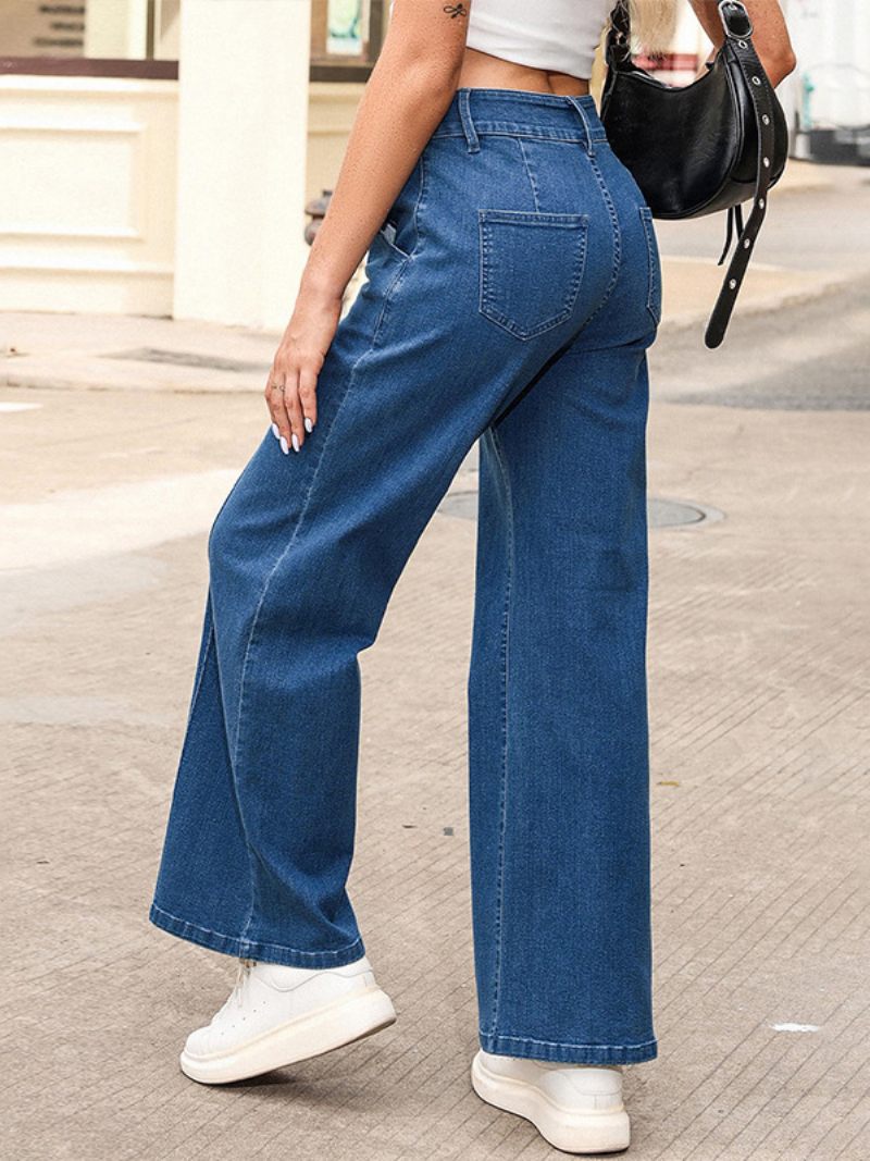 Jean Taille Haute Pour Femmes Fermeture Éclair Boutons Jambes Larges Bas Décontracté Quotidien - Bleu