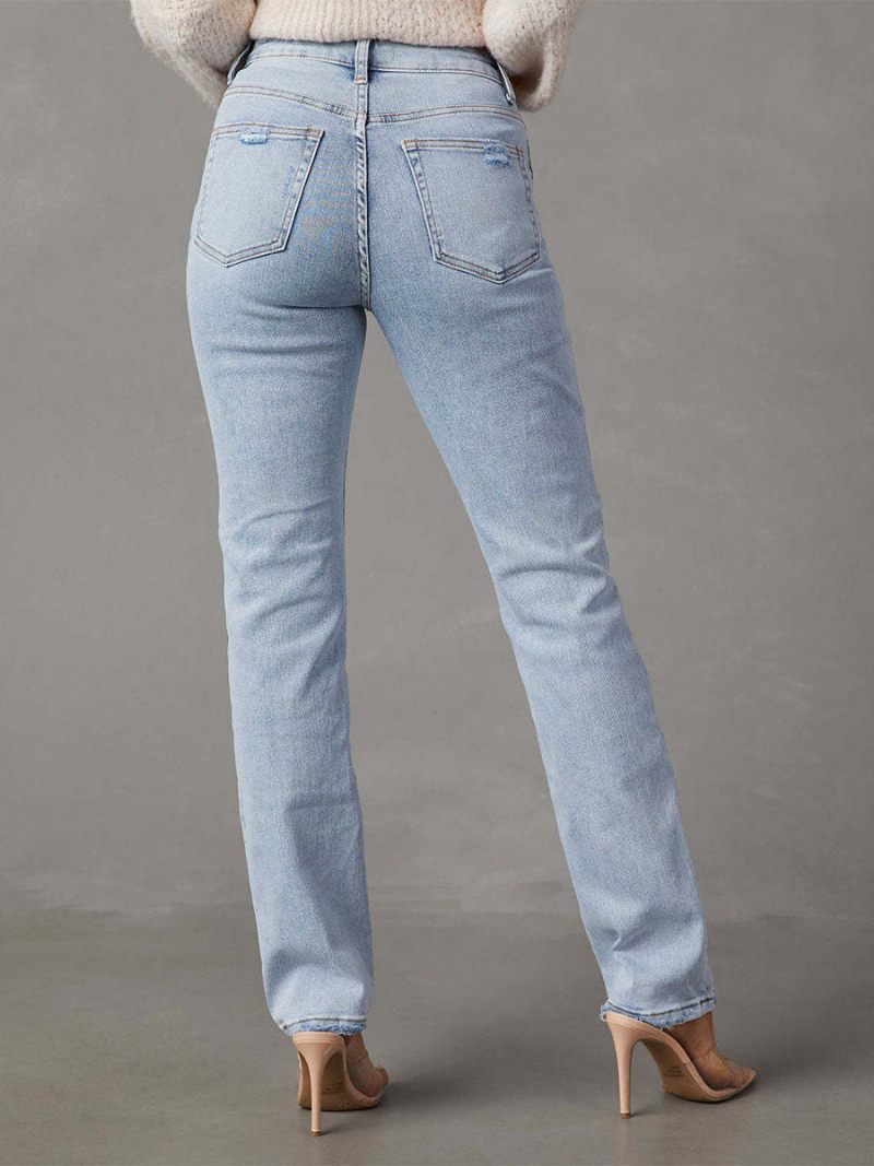 Jeans Classiques Avec Braguette Zippée Et Pantalon Taille Haute Pour Femme Bleu Ciel Clair - Bleu Ciel Clair