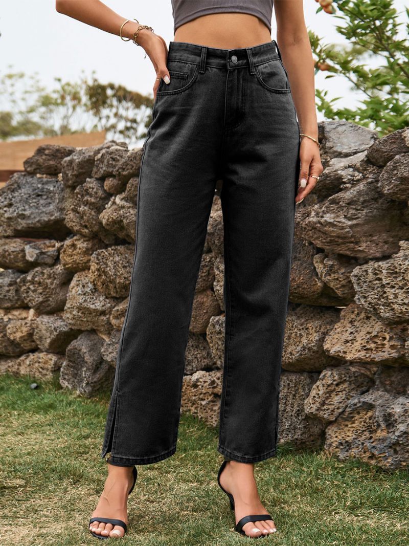 Jeans Cowboy Pour Femmes Bas Denim Fendu Sur Le Devant Taille Surélevée - Gris Foncé