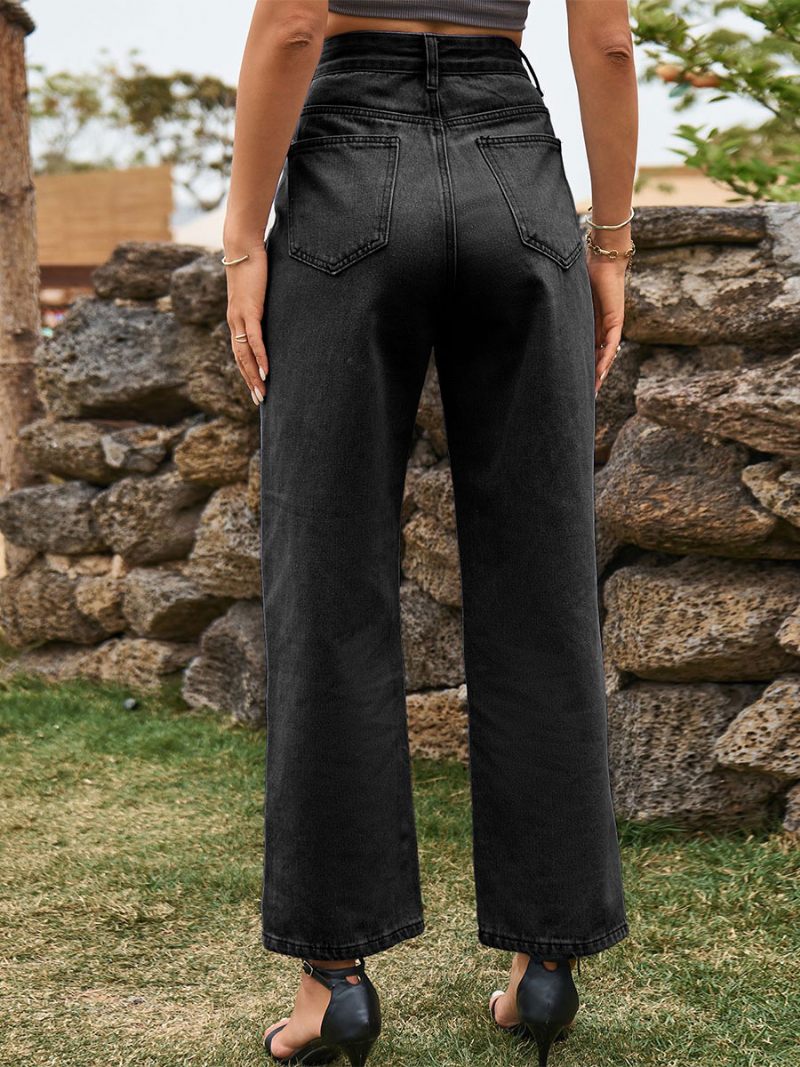 Jeans Cowboy Pour Femmes Bas Denim Fendu Sur Le Devant Taille Surélevée - Gris Foncé