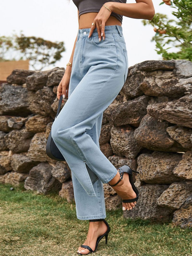 Jeans Cowboy Pour Femmes Bas Denim Fendu Sur Le Devant Taille Surélevée - Bleu Ciel Clair