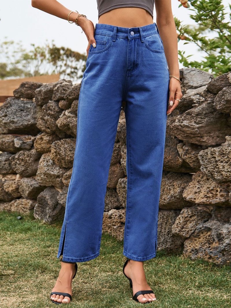 Jeans Cowboy Pour Femmes Bas Denim Fendu Sur Le Devant Taille Surélevée - Bleu Profond