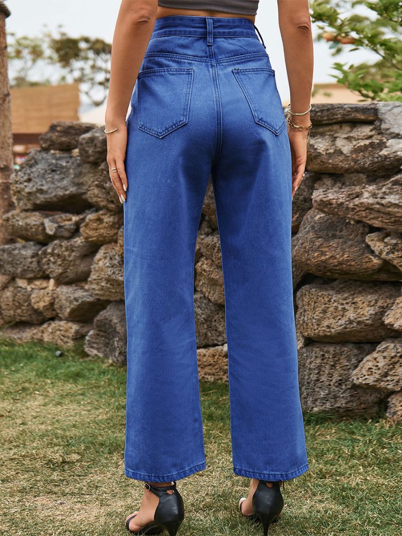 Jeans Cowboy Pour Femmes Bas Denim Fendu Sur Le Devant Taille Surélevée - Bleu Profond