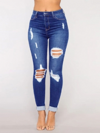 Jeans Déchirés Taille Haute Bas Skinny Coton Décontracté Pour Femmes