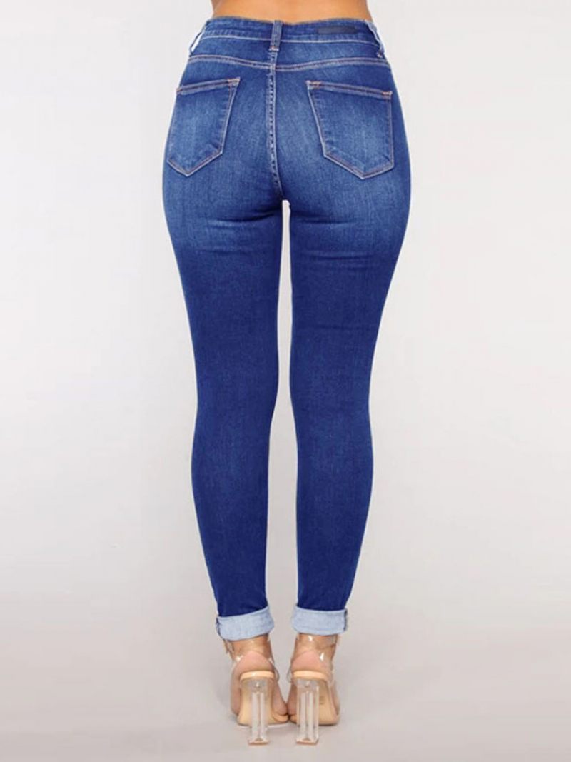 Jeans Déchirés Taille Haute Bas Skinny Coton Décontracté Pour Femmes - Bleu