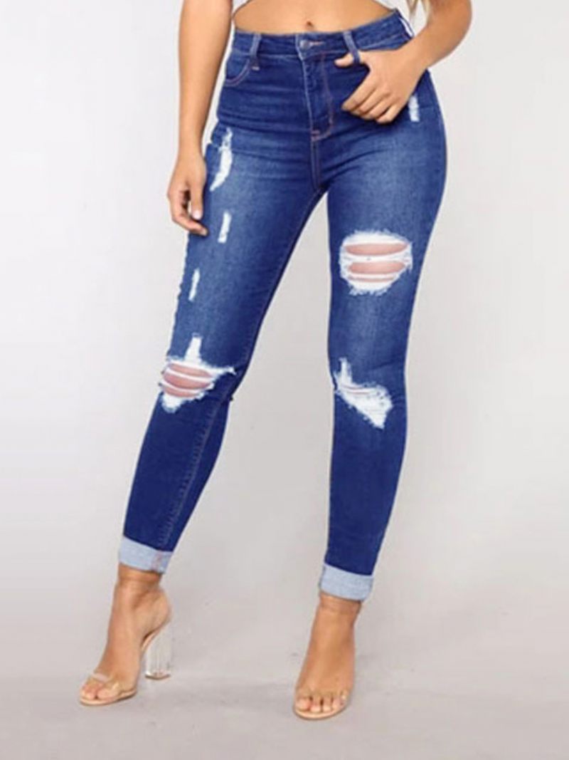 Jeans Déchirés Taille Haute Bas Skinny Coton Décontracté Pour Femmes - Bleu