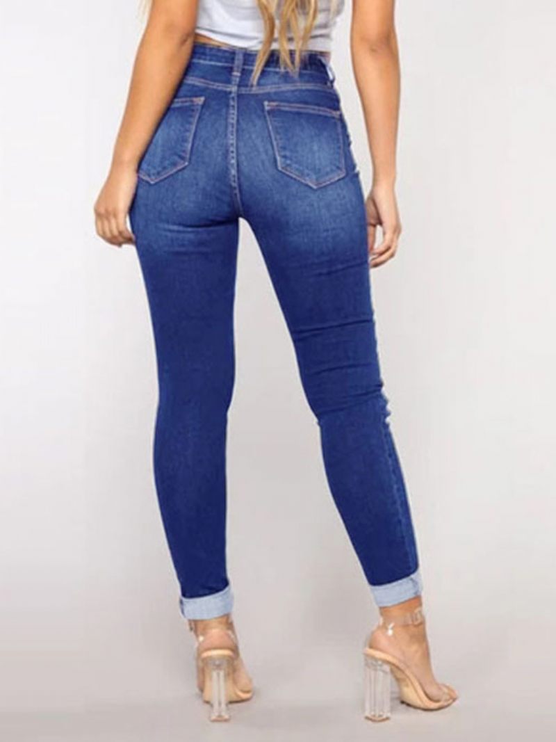 Jeans Déchirés Taille Haute Bas Skinny Coton Décontracté Pour Femmes - Bleu