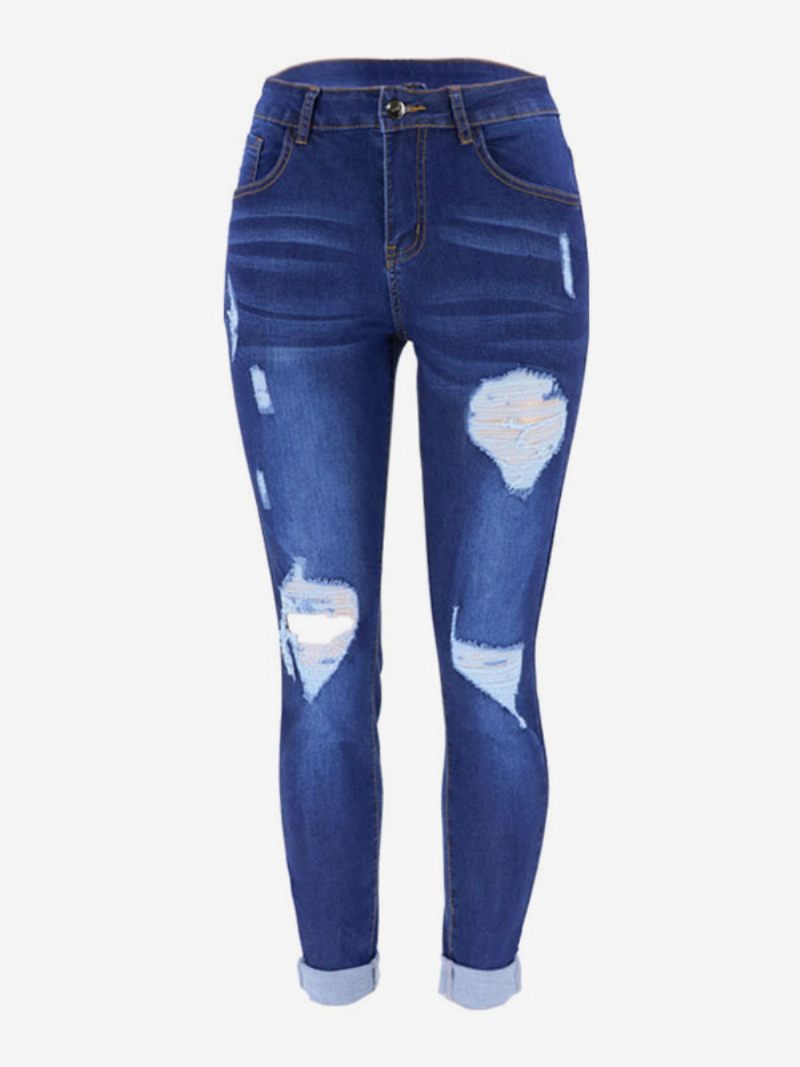 Jeans Déchirés Taille Haute Bas Skinny Coton Décontracté Pour Femmes - Bleu