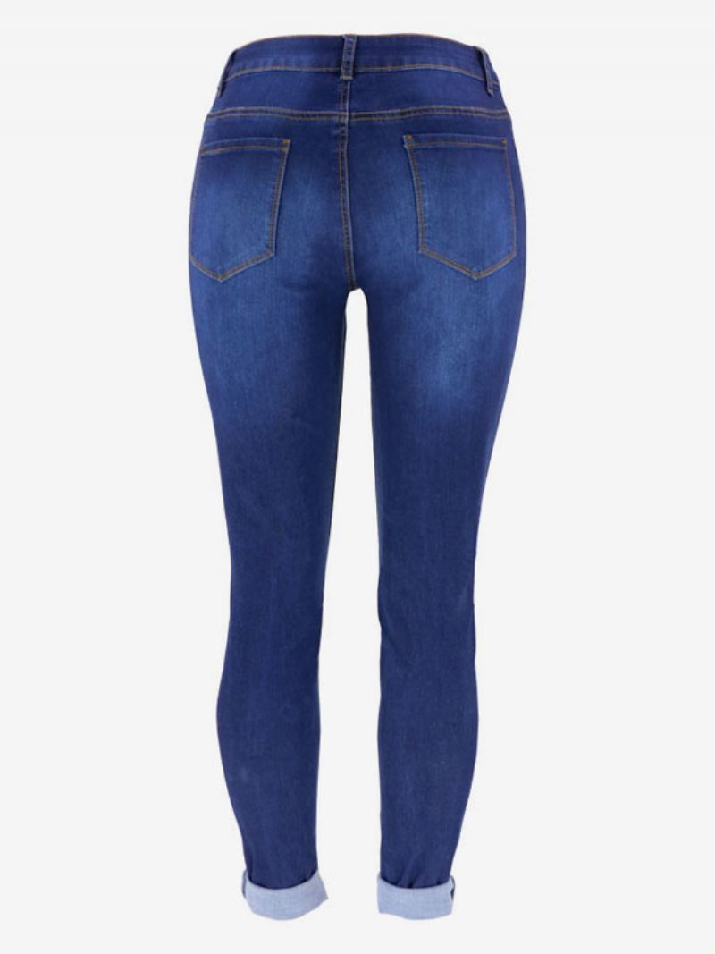 Jeans Déchirés Taille Haute Bas Skinny Coton Décontracté Pour Femmes - Bleu