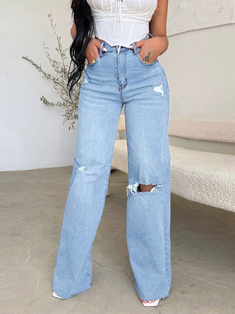 Jeans Pour Femme Charmant Droit Affligé Polyester - Bleu Ciel Clair