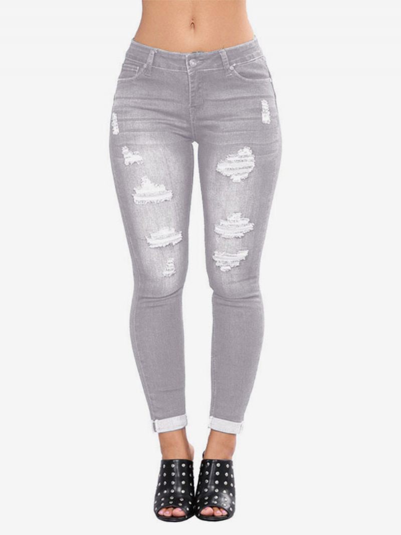 Jeans Pour Femmes Bas Coton Skinny Moderne Détresse - Gris