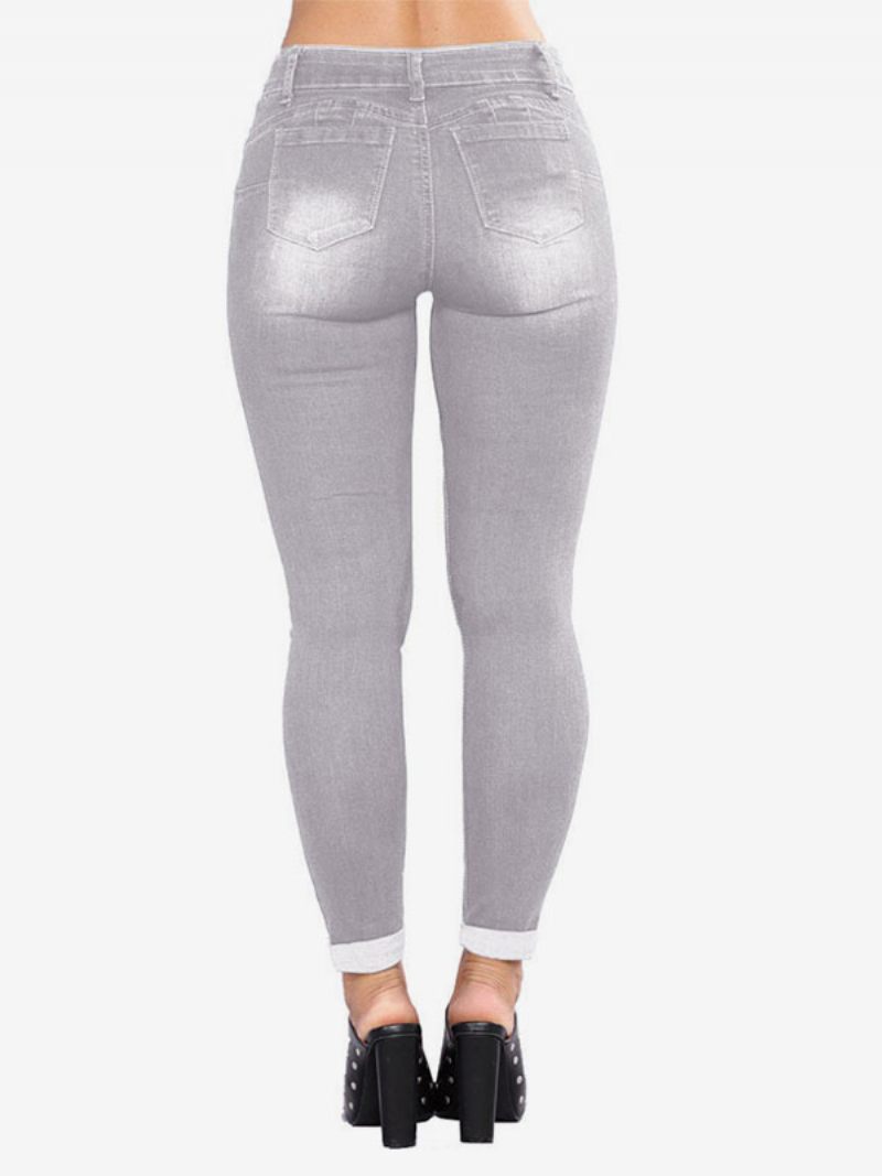 Jeans Pour Femmes Bas Coton Skinny Moderne Détresse - Gris