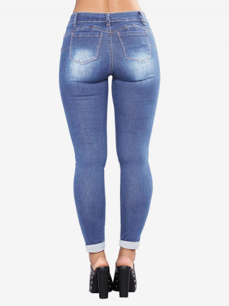 Jeans Pour Femmes Bas Coton Skinny Moderne Détresse - Bleu Ciel Clair