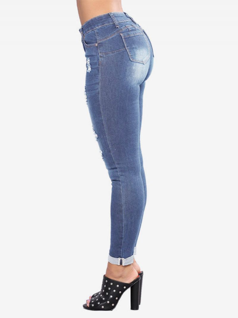 Jeans Pour Femmes Bas Coton Skinny Moderne Détresse - Bleu Ciel Clair